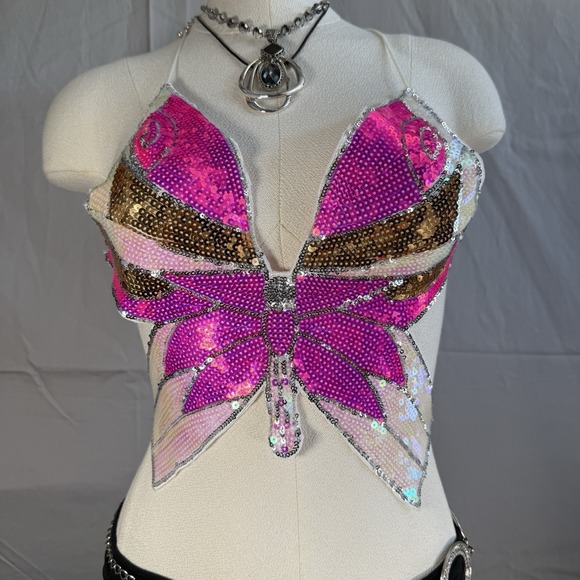 Y2K Butterfly Camisole Top Sz Small Sequins Pink Fairy Ibiza Club Wear 00s Bimbo - Picture 3 of 9